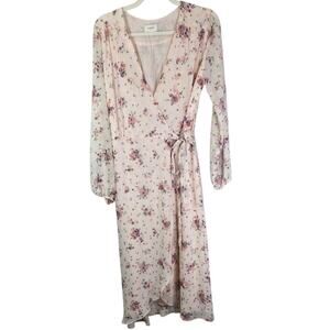 Anthropologie Everly Women's Pink Floral Midi Wrap Long Sleeve Dress Size Medium